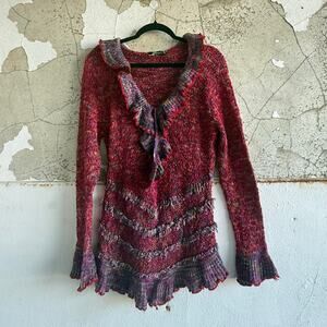 Y2K Sweater Tunic Knit Multicolor Ruffle Neckline Long Sleeve Pullover Womens M